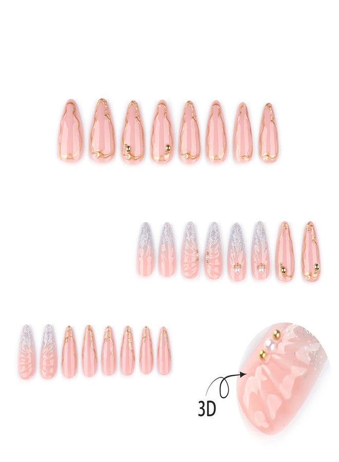 YKZFUI 24pcs French Tip Press on Nails Medium Almond Fake Nails Pearl Full Cover Silver Glitter Design Gold French Ripple Line False Nails Acrylic Nail Cute Finger Manicure Decor Artificial Nails for Women - Image 2